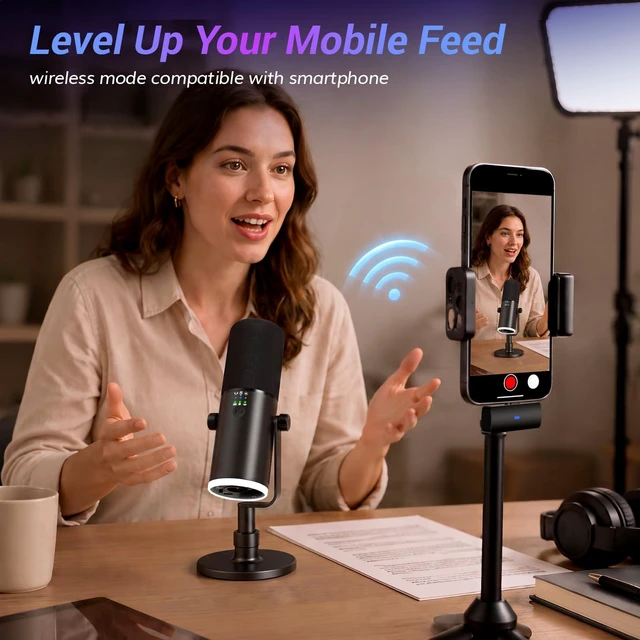 Alt view image 3 of 7 - Wireless Microphone for iPhone 15~17, Dynamic Microphone for Podcast 2.4G/XLR/USB Tri-Mode, RGB Gaming Mic with AI Noise Suppression, 50H Battery Life, Boom Arm Set, Black, TD510W AIR S +H