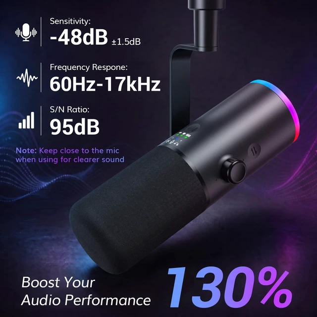 Alt view image 5 of 7 - Wireless Microphone for iPhone 15~17, Dynamic Microphone for Podcast 2.4G/XLR/USB Tri-Mode, RGB Gaming Mic with AI Noise Suppression, 50H Battery Life, Boom Arm Set, Black, TD510W AIR S +H