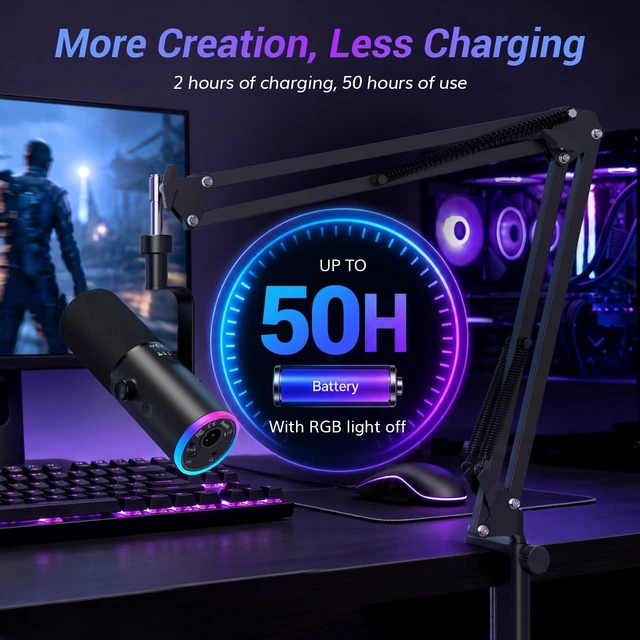 Alt view image 7 of 7 - Wireless Microphone for iPhone 15~17, Dynamic Microphone for Podcast 2.4G/XLR/USB Tri-Mode, RGB Gaming Mic with AI Noise Suppression, 50H Battery Life, Boom Arm Set, Black, TD510W AIR S +H