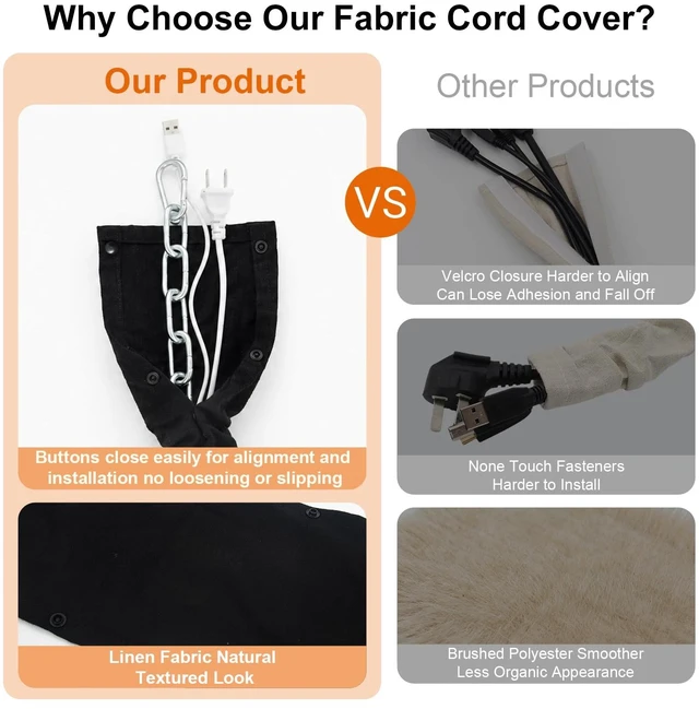 Alt view image 2 of 7 - Black Linen Cord Cover, Wire Cover for Chandelier Chain, 1 Pack 70.8 in with Button Snap Closure for Lighting Wires