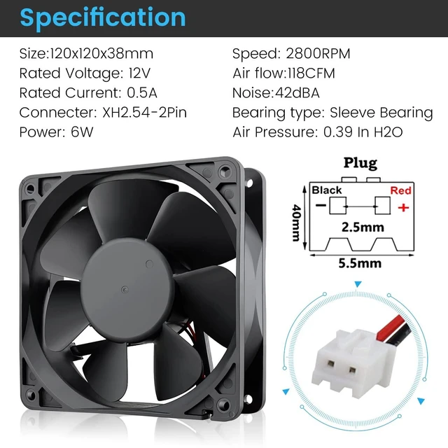 Alt view image 2 of 7 - 120mm x 38mm Brushless Cooling Case Fan 12V 2pin DC High Airflow 3000CFM High airflow brushless dc fan functions as a high-velocity electronics ventilation cooler