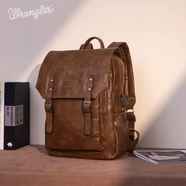 Alt view image 2 of 6 - Wrangler Laptop Backpack with USB Charging Port, Vintage Travel Work College Bookbag for Women Men