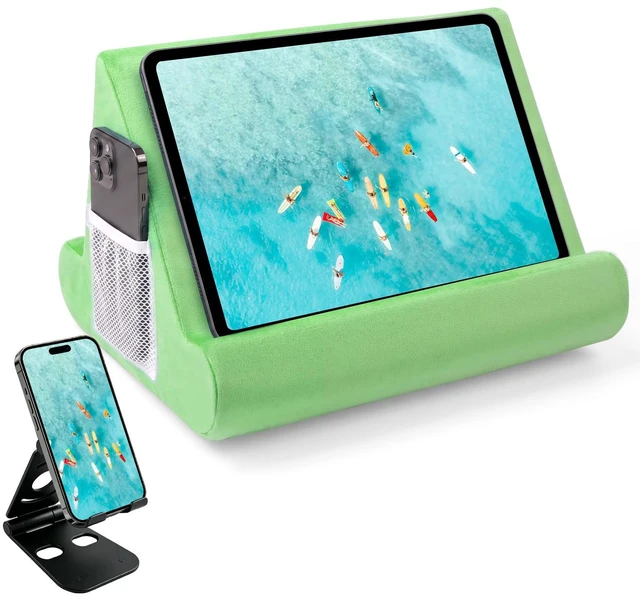 Main image of 2pcs Multi-Angle Tablet Holder Cushion Stand with Net Pocket & Black Color Phone Stands Upgraded Tablet Pad Support for Phone,Pad,Books (LightGreen)