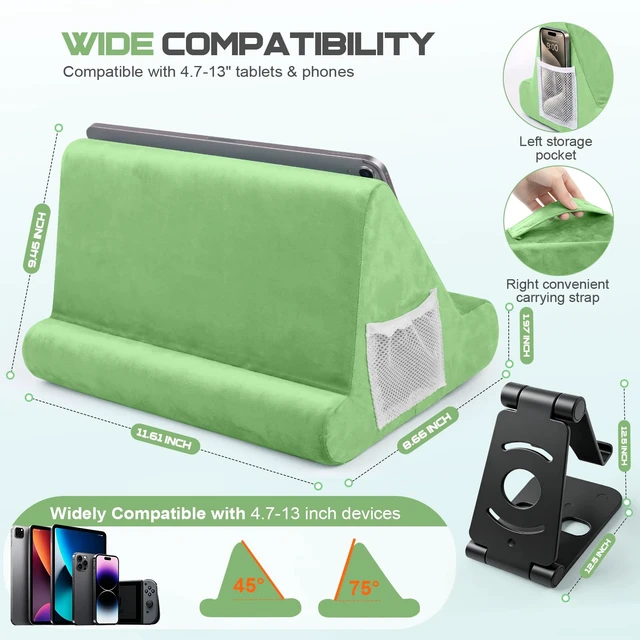 Alt view image 2 of 7 - 2pcs Multi-Angle Tablet Holder Cushion Stand with Net Pocket & Black Color Phone Stands Upgraded Tablet Pad Support for Phone,Pad,Books (LightGreen)