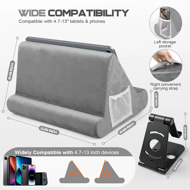 Alt view image 2 of 7 - 2pcs Multi-Angle Tablet Holder Cushion Stand with Net Pocket & Black Color Phone Stands Upgraded Tablet Pad Support for Phone,Pad,Books (Grey)