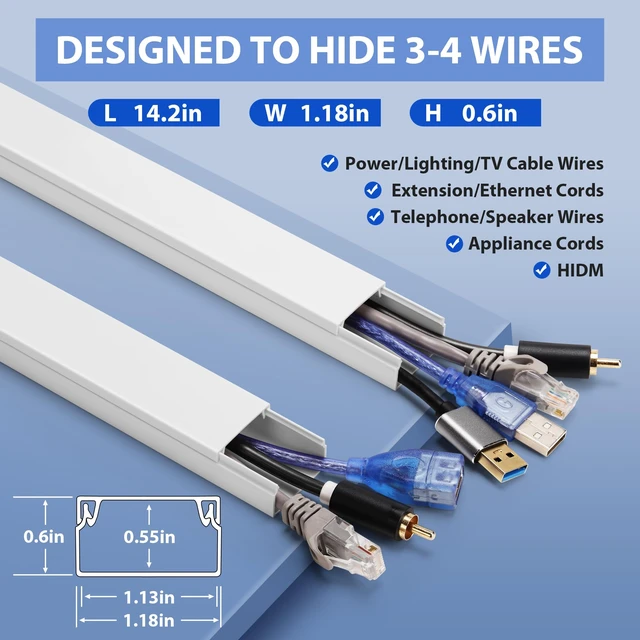 Alt view image 2 of 6 - 142in Wall Cable Hider Kit, Cord Hider Wall Cord Cover for 3-4 Cords, Wire Hiders for TV on Wall, White Wall Cable Management Kit, Paintable Wall Wire Cover 10 x L14.2in W1.18in H0.6in