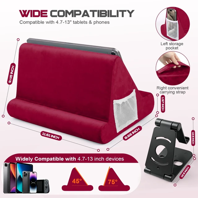 Alt view image 2 of 7 - 2pcs Multi-Angle Tablet Holder Cushion Stand with Net Pocket & Black Color Phone Stands Upgraded Tablet Pad Support for Phone,Pad,Books (WineRed)