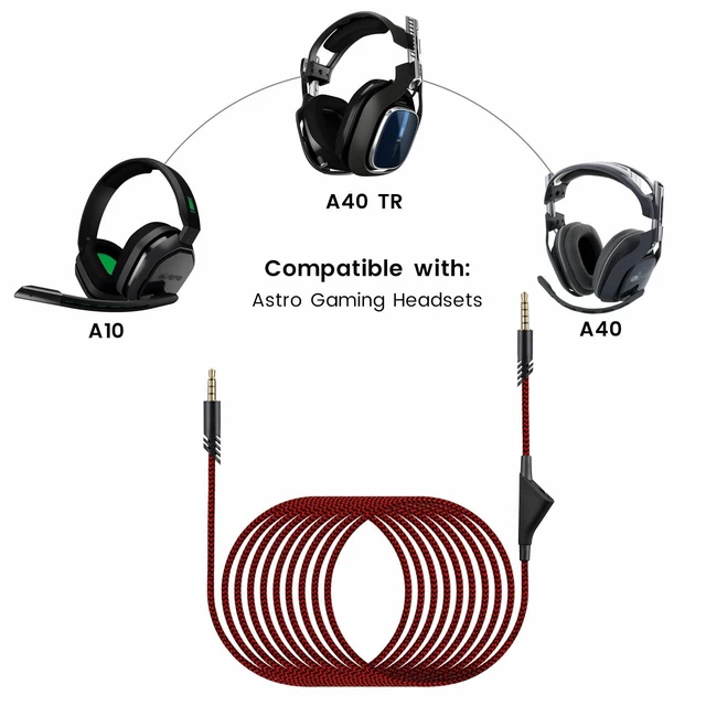 Alt view image 2 of 5 - A10 Headset Cable for Astro A40 A40 TR, with Inline Volume Controller, Red 3.5mm (1/8") Braided Removable Aux Cord, 6ft