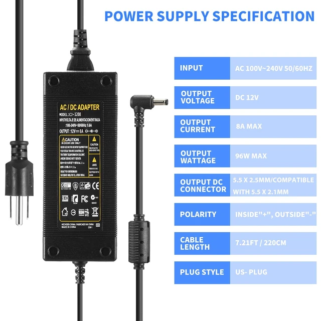 Alt view image 2 of 7 - 12V 8A Power Supply 96W 100V~240V AC to DC Adapter Converter Transformer,12 Volt 8 Amp 7A 6A 5A 4A 3A Power Supply Adapter with 5.5mm x 2.5mm/2.1mm Output Jack for 12V LED Strip Light Camera Printer