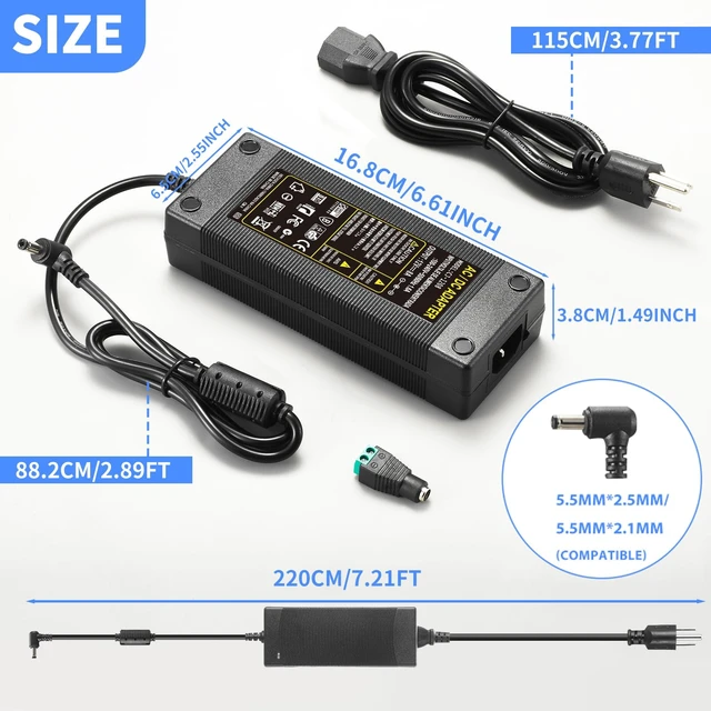 Alt view image 3 of 7 - 12V 8A Power Supply 96W 100V~240V AC to DC Adapter Converter Transformer,12 Volt 8 Amp 7A 6A 5A 4A 3A Power Supply Adapter with 5.5mm x 2.5mm/2.1mm Output Jack for 12V LED Strip Light Camera Printer