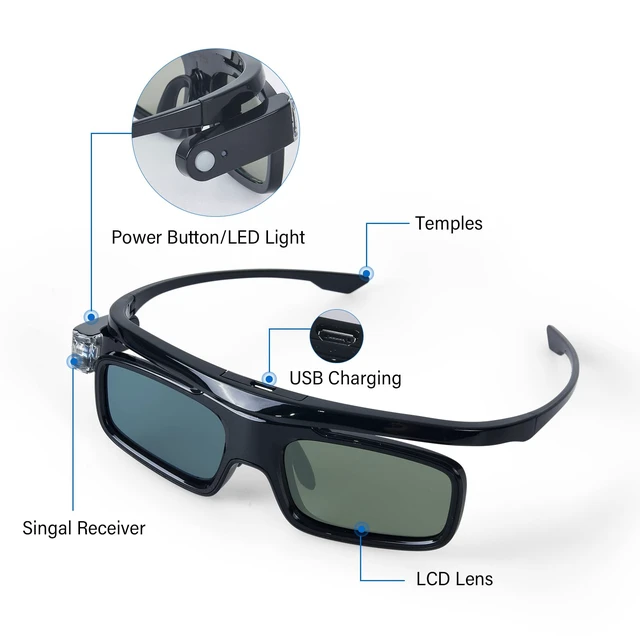 Alt view image 5 of 7 - 3D Glasses, Active Shutter Rechargeable Eyewear for 3D DLP-Link Projectors Cocar Toumei - Pack of 2