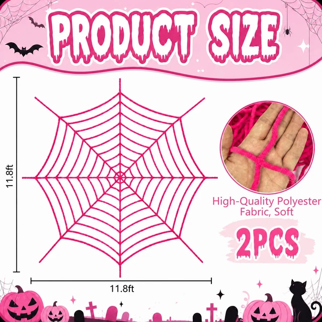Alt view image 2 of 7 - 11.81Ft Halloween Pink Spider Web Decoration, 2 Pcs Cute Cobweb Wall Decor Giant Kawaii Halloween Wall Backdrop, Pink Theme Party Decor, Soft Material, Haunted House Home Outdoor Indoor Wall Decor