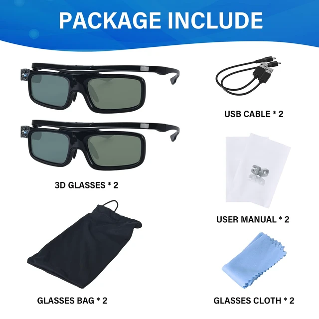 Alt view image 7 of 7 - 3D Glasses, Active Shutter Rechargeable Eyewear for 3D DLP-Link Projectors Cocar Toumei - Pack of 2