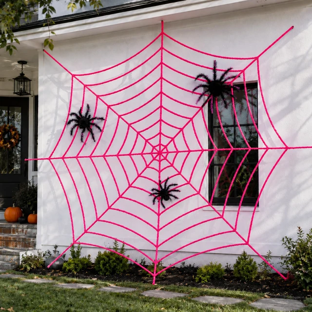 Alt view image 3 of 7 - 11.81Ft Halloween Pink Spider Web Decoration, 2 Pcs Cute Cobweb Wall Decor Giant Kawaii Halloween Wall Backdrop, Pink Theme Party Decor, Soft Material, Haunted House Home Outdoor Indoor Wall Decor