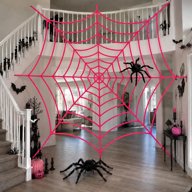 Alt view image 4 of 7 - 11.81Ft Halloween Pink Spider Web Decoration, 2 Pcs Cute Cobweb Wall Decor Giant Kawaii Halloween Wall Backdrop, Pink Theme Party Decor, Soft Material, Haunted House Home Outdoor Indoor Wall Decor