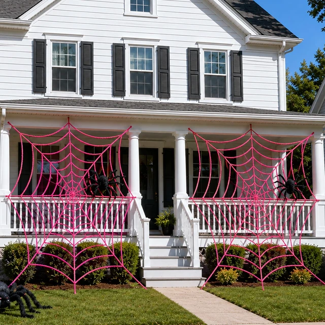 Alt view image 6 of 7 - 11.81Ft Halloween Pink Spider Web Decoration, 2 Pcs Cute Cobweb Wall Decor Giant Kawaii Halloween Wall Backdrop, Pink Theme Party Decor, Soft Material, Haunted House Home Outdoor Indoor Wall Decor