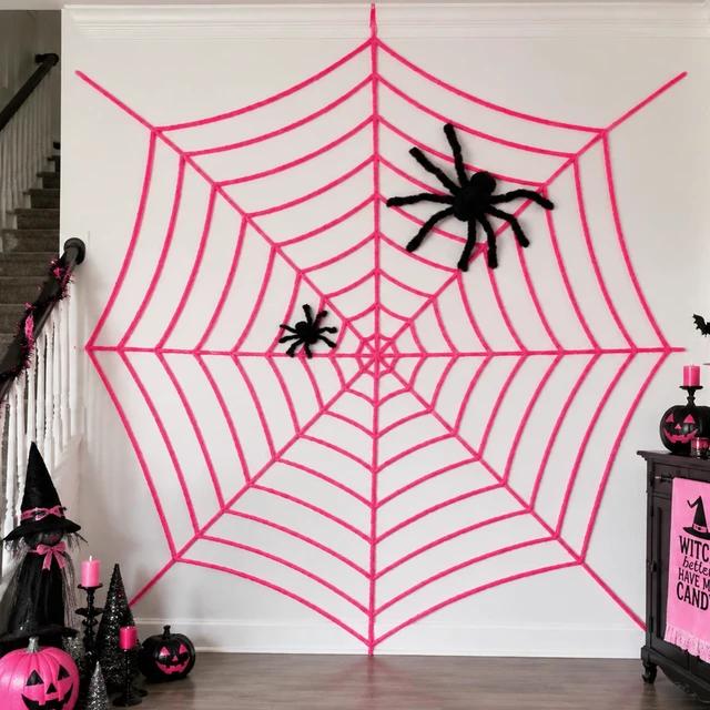 Alt view image 5 of 7 - 11.81Ft Halloween Pink Spider Web Decoration, 2 Pcs Cute Cobweb Wall Decor Giant Kawaii Halloween Wall Backdrop, Pink Theme Party Decor, Soft Material, Haunted House Home Outdoor Indoor Wall Decor