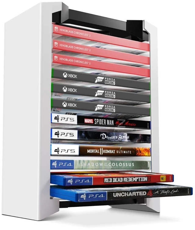Main image of Video Game Storage Tower for PS5 and Nintendo Switch, 12 Cases, White Universal Game Case Holder for Ps4, Ps3, Xbox One, Xbox Series X/S and Blu-Ray Discs; Compact Vertical Organizer