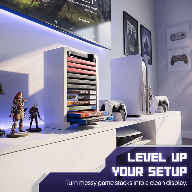 Alt view image 2 of 7 - Video Game Storage Tower for PS5 and Nintendo Switch, 12 Cases, White Universal Game Case Holder for Ps4, Ps3, Xbox One, Xbox Series X/S and Blu-Ray Discs; Compact Vertical Organizer