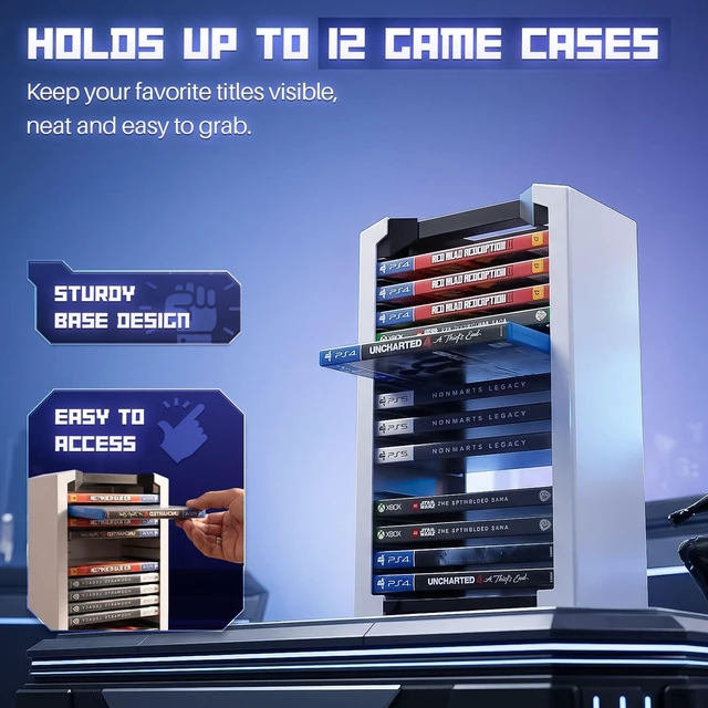 Alt view image 3 of 7 - Video Game Storage Tower for PS5 and Nintendo Switch, 12 Cases, White Universal Game Case Holder for Ps4, Ps3, Xbox One, Xbox Series X/S and Blu-Ray Discs; Compact Vertical Organizer