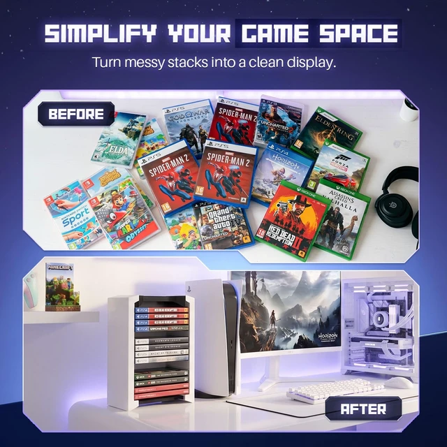 Alt view image 4 of 7 - Video Game Storage Tower for PS5 and Nintendo Switch, 12 Cases, White Universal Game Case Holder for Ps4, Ps3, Xbox One, Xbox Series X/S and Blu-Ray Discs; Compact Vertical Organizer