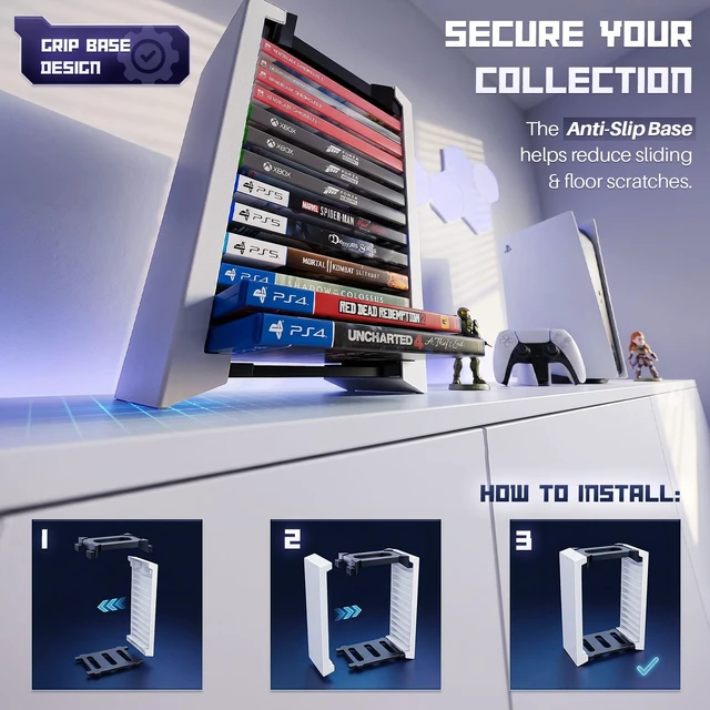 Alt view image 5 of 7 - Video Game Storage Tower for PS5 and Nintendo Switch, 12 Cases, White Universal Game Case Holder for Ps4, Ps3, Xbox One, Xbox Series X/S and Blu-Ray Discs; Compact Vertical Organizer