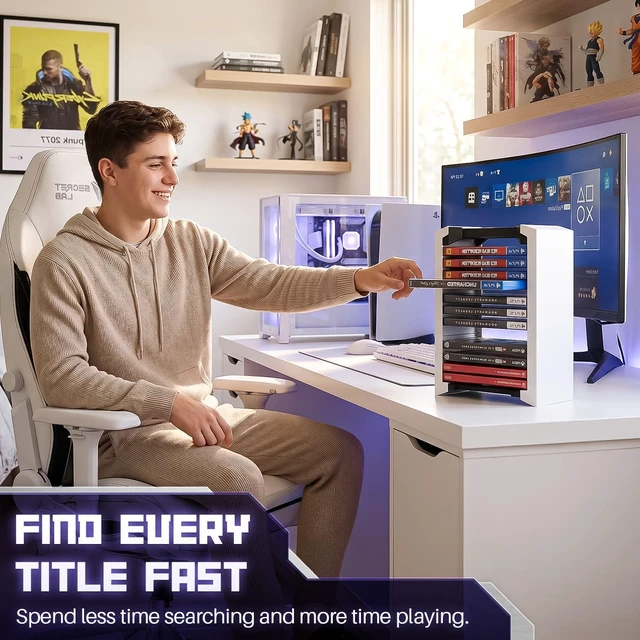 Alt view image 7 of 7 - Video Game Storage Tower for PS5 and Nintendo Switch, 12 Cases, White Universal Game Case Holder for Ps4, Ps3, Xbox One, Xbox Series X/S and Blu-Ray Discs; Compact Vertical Organizer