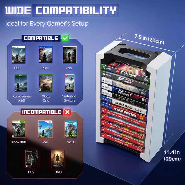 Alt view image 6 of 7 - Video Game Storage Tower for PS5 and Nintendo Switch, 12 Cases, White Universal Game Case Holder for Ps4, Ps3, Xbox One, Xbox Series X/S and Blu-Ray Discs; Compact Vertical Organizer
