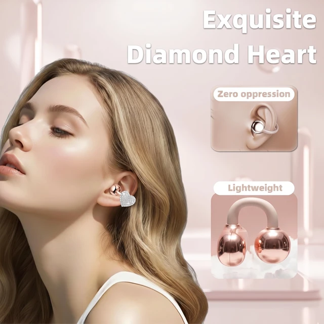 Alt view image 4 of 7 - Clip On Earbuds Jewelry, Open Ear Headphones Wireless Bluetooth Earring Clip-On Headphones, Fit Ears Cuff Headphones for Women, Jewelry Earring Earbuds for Work, Run & Sleep (Love-Clear)