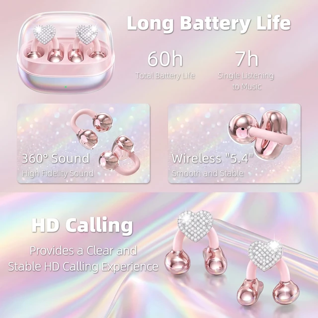 Alt view image 6 of 7 - Clip On Earbuds Jewelry, Open Ear Headphones Wireless Bluetooth Earring Clip-On Headphones, Fit Ears Cuff Headphones for Women, Jewelry Earring Earbuds for Work, Run & Sleep (Love-Clear)
