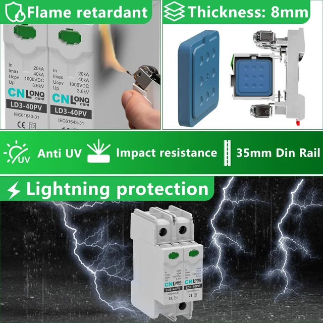 Alt view image 2 of 7 - CNLONQ 2Pcs Surge Protector DC 1000V 2P 40KA Solar PV Lightning Arrester Device for RV, Home and Solar Lightning Protection System 35mm DIN Rail Mount