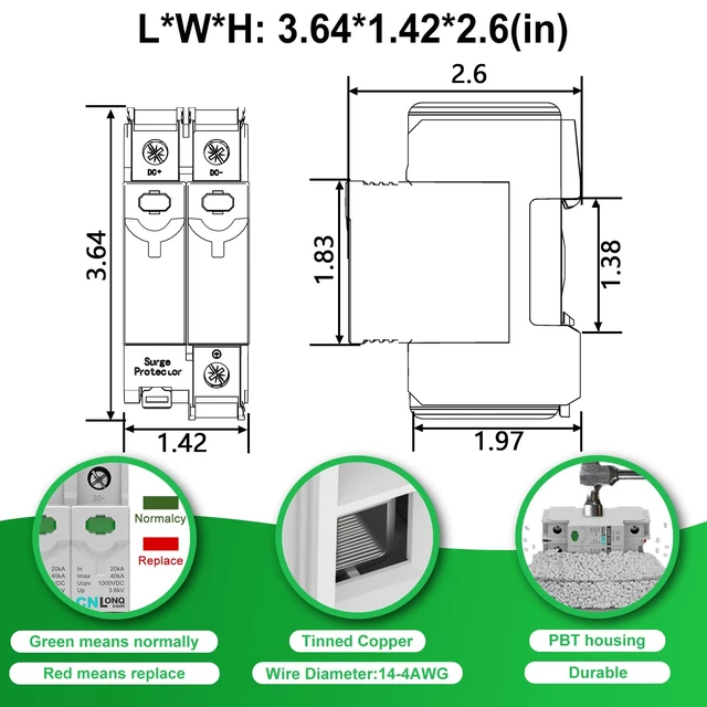 Alt view image 3 of 7 - CNLONQ 2Pcs Surge Protector DC 1000V 2P 40KA Solar PV Lightning Arrester Device for RV, Home and Solar Lightning Protection System 35mm DIN Rail Mount