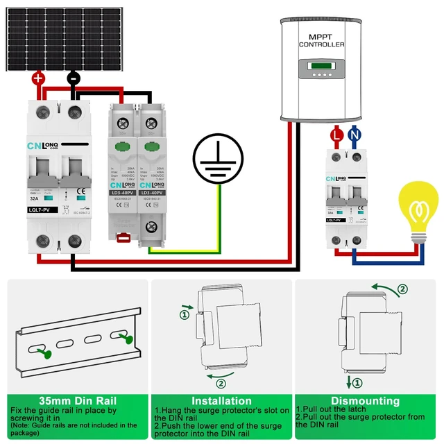 Alt view image 4 of 7 - CNLONQ 2Pcs Surge Protector DC 1000V 2P 40KA Solar PV Lightning Arrester Device for RV, Home and Solar Lightning Protection System 35mm DIN Rail Mount