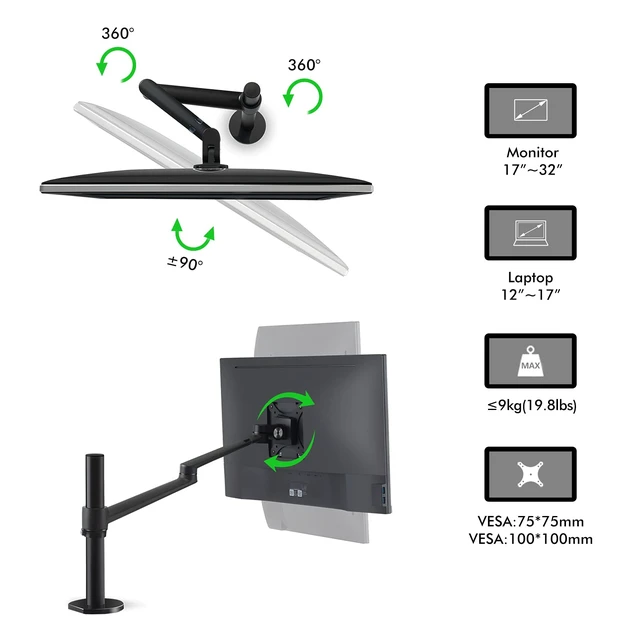 Alt view image 4 of 7 - Laptop/Notebook/Projector Mount Stand, Height Adjustable Single Arm Mount Support 12-17 inch Laptop/Notebook/Tablet, Free Removable VESA 75X75 and 100X100 for Monitor 17-32 inch