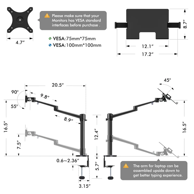 Alt view image 5 of 7 - Laptop/Notebook/Projector Mount Stand, Height Adjustable Single Arm Mount Support 12-17 inch Laptop/Notebook/Tablet, Free Removable VESA 75X75 and 100X100 for Monitor 17-32 inch