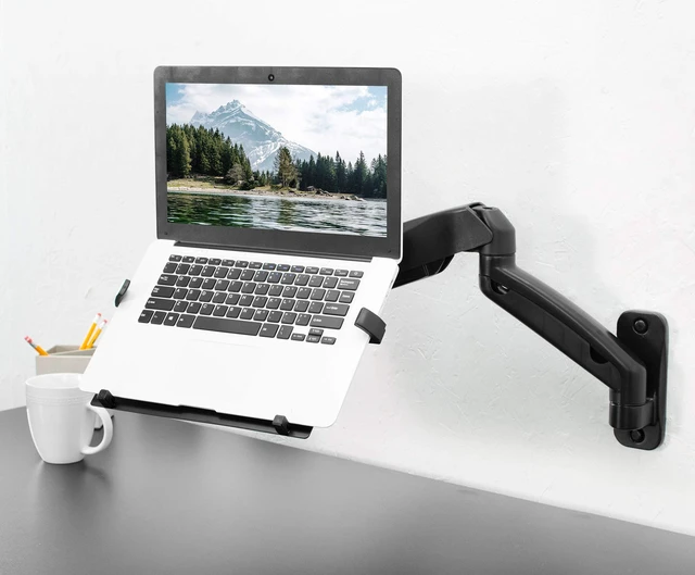 Alt view image 2 of 7 - Black Laptop Wall Mount for 10-15.6 in Screens, MOUNT-V001GL Height Adjustable Pneumatic Extended Arm, Full Motion Articulating Notebook Tray, Holds 9.9 lbs