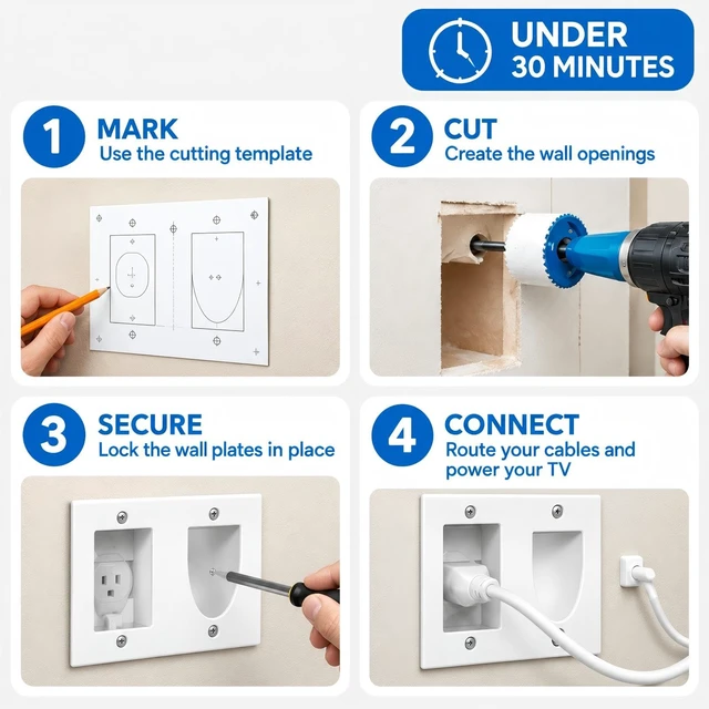 Alt view image 7 of 7 - Cord Hider for Wall Mount TV with 6.23 ft Extension Cord White in Wall Cable Management Kit, Includes 2 Plug Plates and Hole Drill Templates for Easy Install