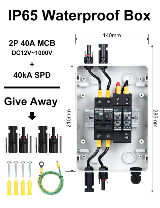 Alt view image 4 of 7 - Solar Panel Disconnect Switch Box 40 Amp DC Circuit Breaker Box, 1000V PV Combiner Box for RV