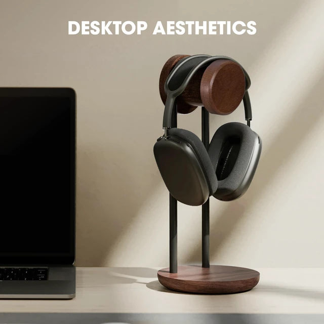 Alt view image 3 of 7 - Headphone Stand with Storage Base, Headset Holder for Desktop, Brown 11.3" Tall, Sold Beech Wood with Metal Frame, Minimalist Design