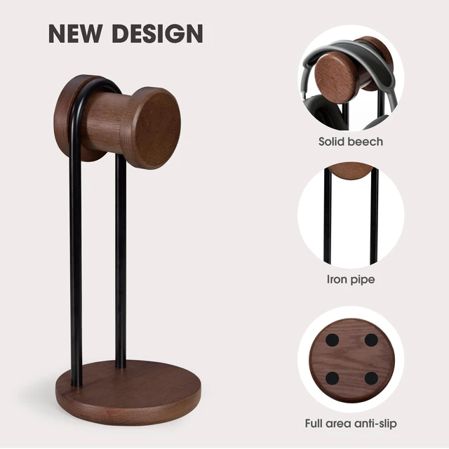 Alt view image 4 of 7 - Headphone Stand with Storage Base, Headset Holder for Desktop, Brown 11.3" Tall, Sold Beech Wood with Metal Frame, Minimalist Design