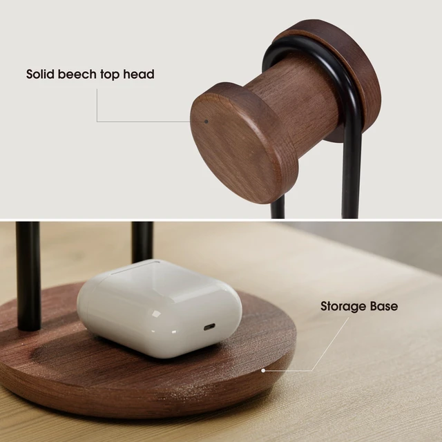 Alt view image 5 of 7 - Headphone Stand with Storage Base, Headset Holder for Desktop, Brown 11.3" Tall, Sold Beech Wood with Metal Frame, Minimalist Design