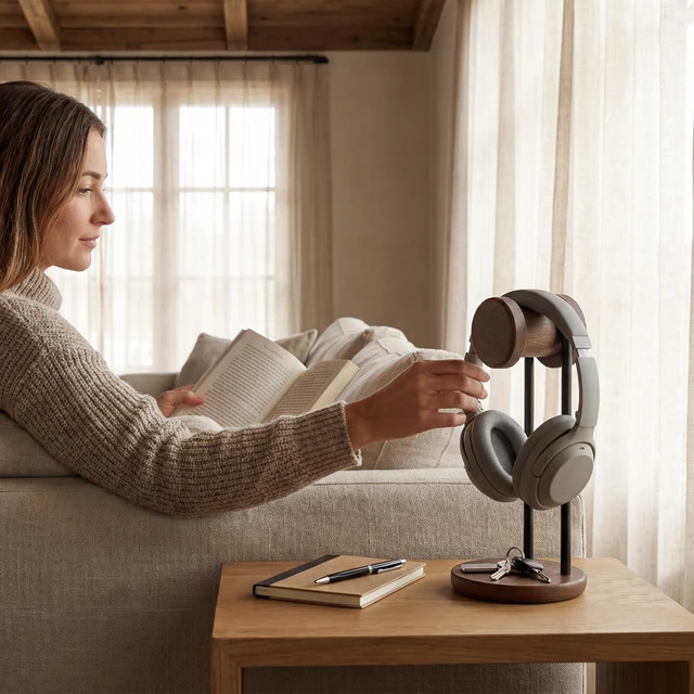 Alt view image 7 of 7 - Headphone Stand with Storage Base, Headset Holder for Desktop, Brown 11.3" Tall, Sold Beech Wood with Metal Frame, Minimalist Design