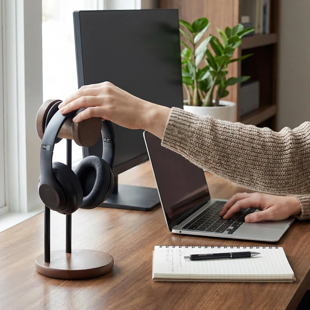 Alt view image 6 of 7 - Headphone Stand with Storage Base, Headset Holder for Desktop, Brown 11.3" Tall, Sold Beech Wood with Metal Frame, Minimalist Design