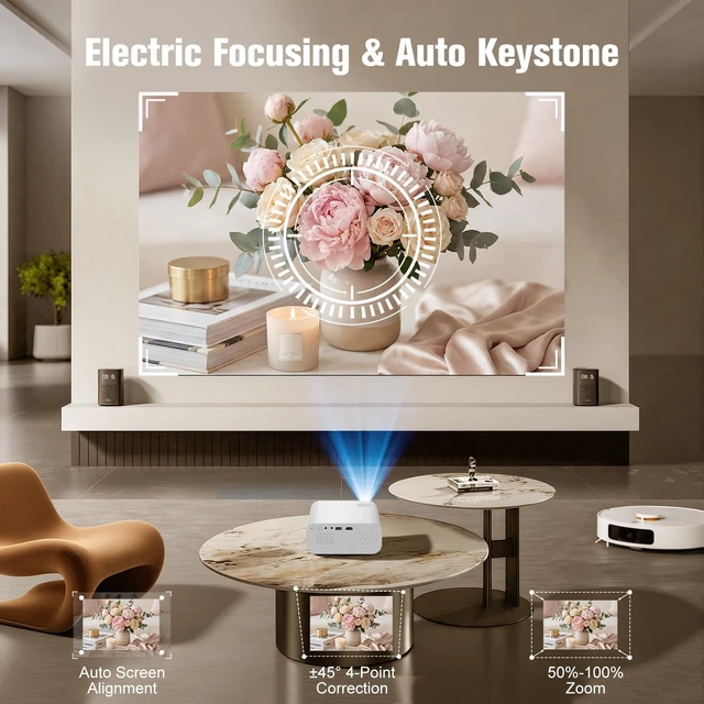 Alt view image 4 of 7 - White Smart Movie Mini Projector with WiFi and Bluetooth Built-in Apps, Auto Focus & Keystone,1080P 4K Support,Portable Small Outdoor Projector for Bedroom 32"-150"Screen 260 ANSI