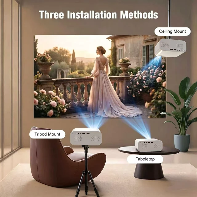 Alt view image 7 of 7 - White Smart Movie Mini Projector with WiFi and Bluetooth Built-in Apps, Auto Focus & Keystone,1080P 4K Support,Portable Small Outdoor Projector for Bedroom 32"-150"Screen 260 ANSI