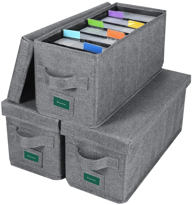 Main image of CD Storage Box with Lid Pack of 3, Practical CD Case Holder Organizer with Index Labels, 14.6 x 5.7 x 6.1 Inches CD Storage Case to Store up to 105 CDs Jewel Cases, and 579 Discs- Grey