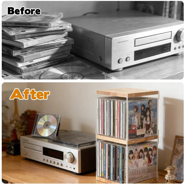 Alt view image 4 of 7 - CD Holder Desk Rack Organizer, Wooden CD Holder Stand, CD Storage Rack, Game Disc Display CD Organizer Desk Stand Protection Storage Cube, Fit for Theatre Room Collectibles Holds 24 CD Case