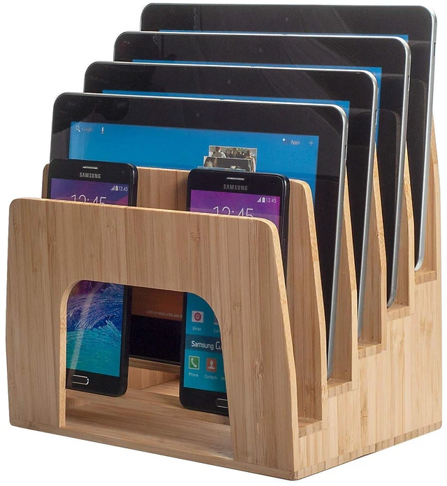 Main image of Bamboo Multi Device Inclined Organizer for Smartphones, Tablets and Laptops, Upright Sections, Step Sorter, 5 Slots