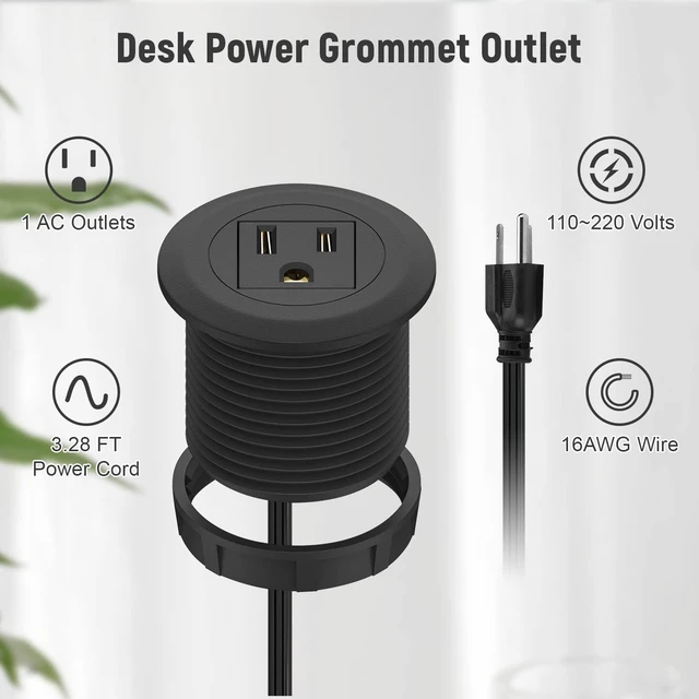 Alt view image 2 of 7 - 2 inch Desk Power Grommet Flush-Mount Outlet Build-in 1 US Standard Outlet, Mini Desktop Power Hub Grommet Socket for Desk Nightstand Cabinet Counter, 3.28 FT Heavy Duty Power Cord