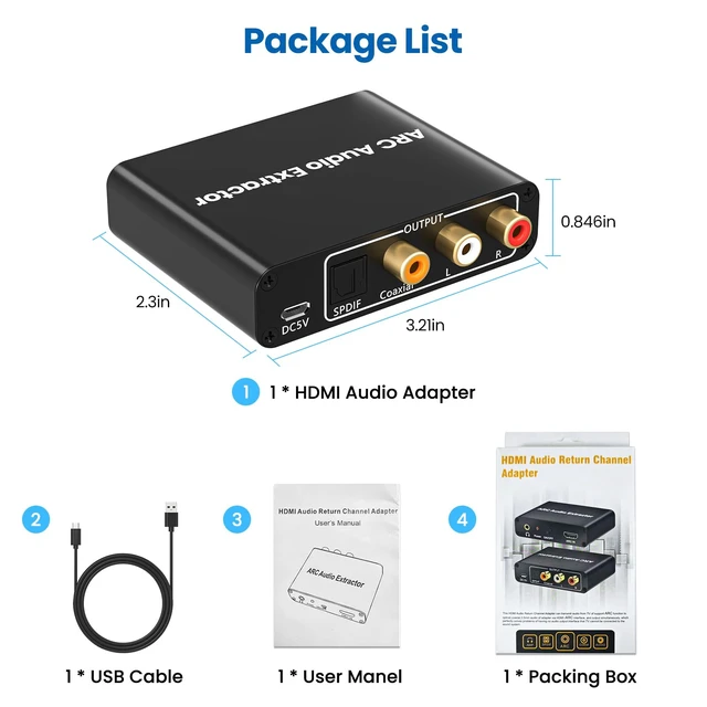 Alt view image 6 of 7 - HDMI ARC Audio Extractor Support HDMI ARC to Optical SPDIF 3.5mm AUX Jack HDMI ARC to Optical Coaxial RCA 3.5mm Audio Adapter Splitter for HDTV Soundbar Speaker Amplifier with Cable